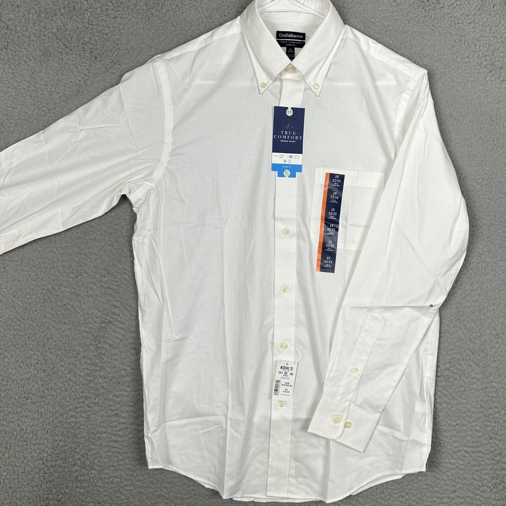 NEW Croft Barrow Shirt Mens 15 32-33 Classic Fit White Dress Button Down Stretch